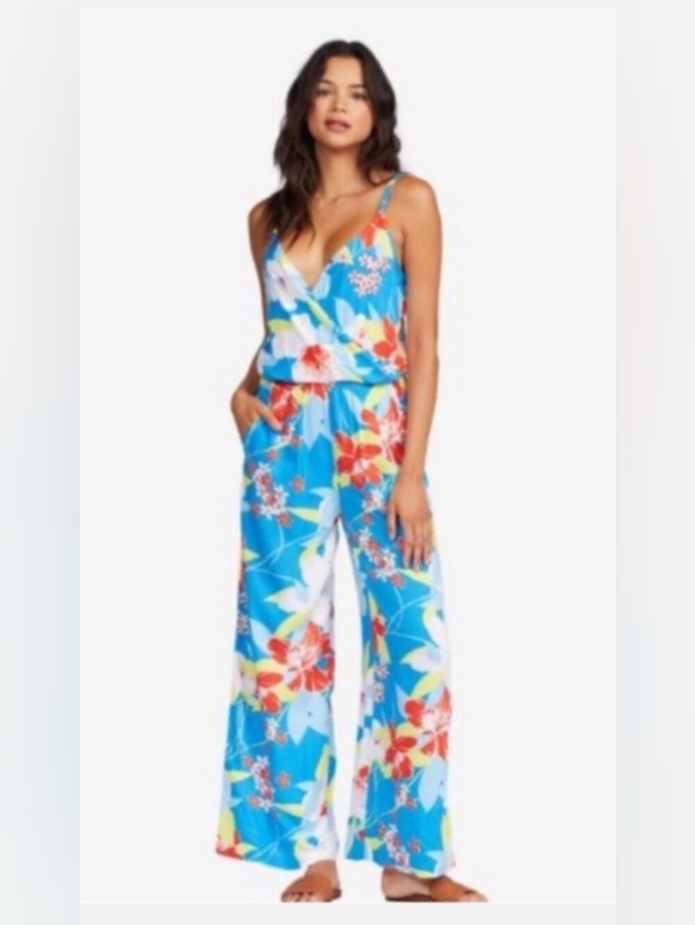 🌼B2G1🌼 Roxy Blue Tropical Floral Wide-Leg Jumpsuit XL NWOT